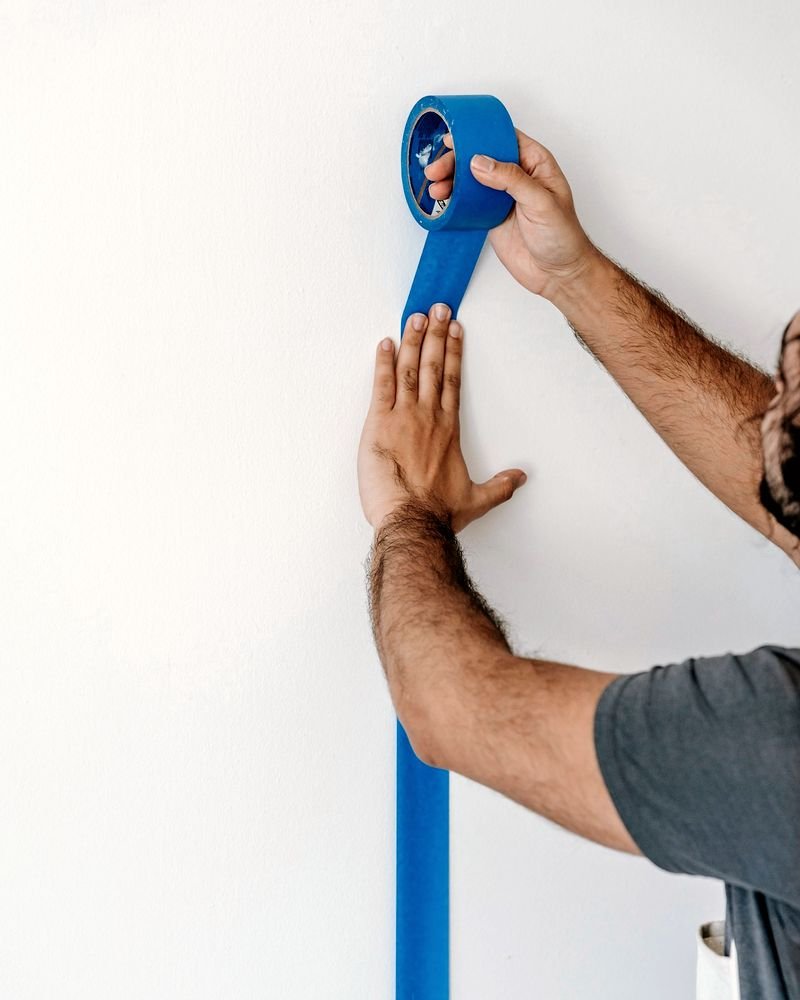 Masking tape laid in a straight line down a wall before it is painted